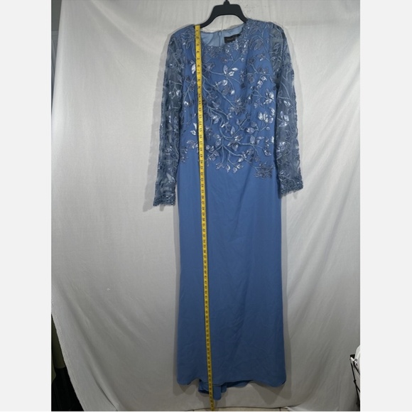 NWD $468 Tadashi Shoji‎ [ 14 ] Sequin Lace Long Sleeve Crepe Gown Cadet Blue - Picture 8 of 16
